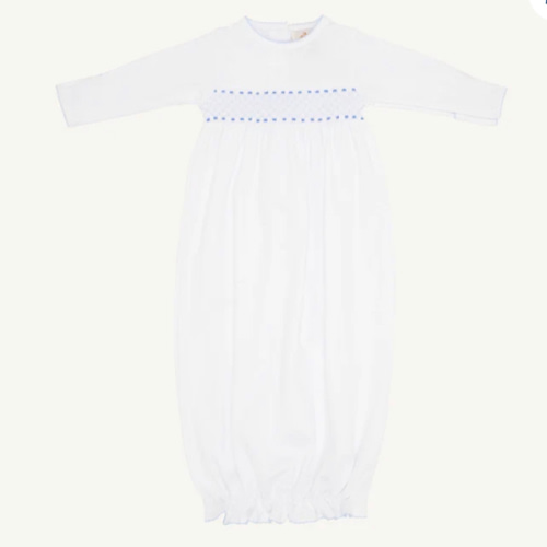 Sweetly Smocked Greeting Gown - Worth Avenue White with Buckhead Blue