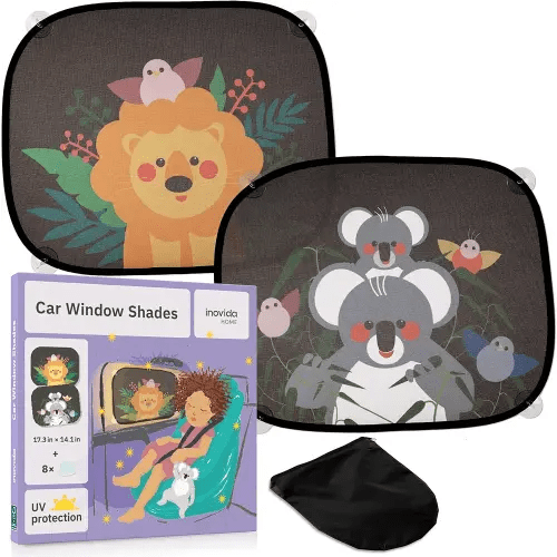 Car Sun Shades for Kids with UV Protection: 2-Pack Car Window Shades – Cute Animal Designs with Suction Cups – 17"x14" Baby Car Sun Shades – Inovida Car Window Sun Protection