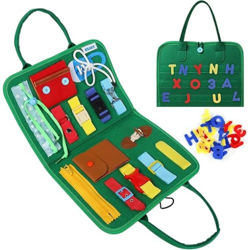 Esjay Toddler Busy Board, Montessori Toys to Learn Fine Motor Skill, Educational Sensory Board, Toddler Activities for Travel Airplane Car,Green Alphabet