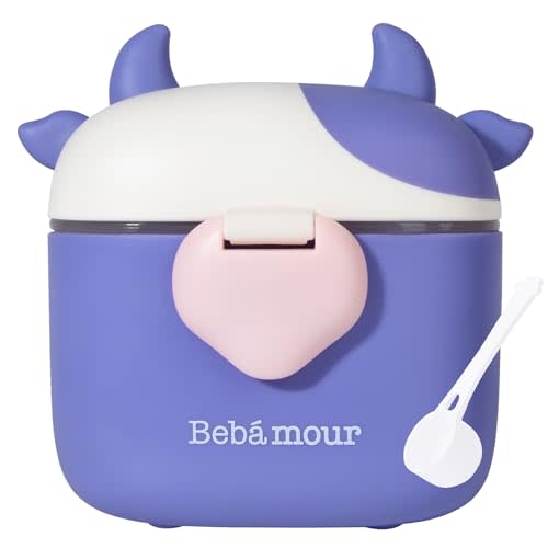 Bebamour Baby Formula Dispenser On The Go, Formula Container to Go, Formula Holder for Travel, Candy Fruit Snack Storage Container with Scoop and Leveller (Purple Cow)