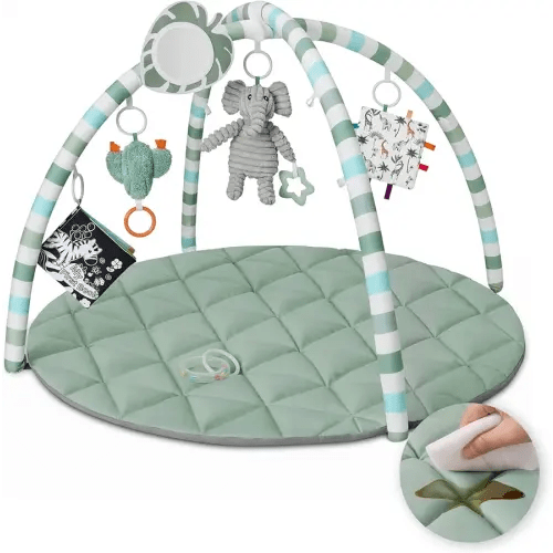 Blissful Diary Waterproof Baby Play Gym Mat, Wipe-Clean Vegan Leather Tummy Time Mat with 6 Detachable Toys, Baby Activity Mat, Sage Green