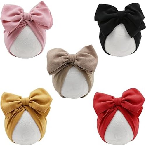 DRESHOW BQUBO 5 PCS Baby Cotton Hats Big Bow Knotted Headwrap Turban Baby Infant Beanie Baby Girl Soft Toddler Cap for Winter