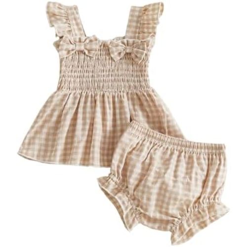 Baby Girl 2pcs Summer Outfits Plaid Bowknot Decor Ruffled Sleeveless Top Elastic Waist Shorts Set