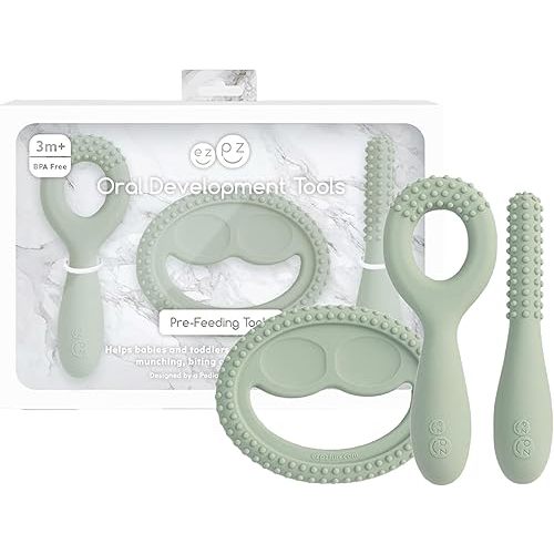 ezpz Oral Development Tools - 3 Months+ (3 Pack in Sage) - Non-Slip Loop, Smile and Stick, 100% Silicone Tools to Practice Feeding + Chewing - Sensory Bumps - Dishwasher Safe