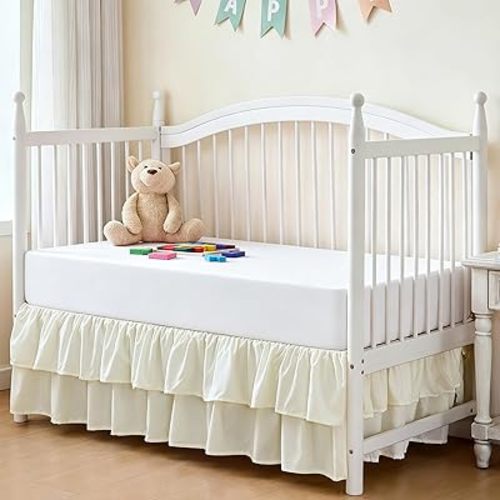 Ruffled Crib Bed Skirt 28"x 52" with 14" Drop, Soft Double Layer Nursery Dust Ruffle Skirt for Toddler Bedding/Baby Crib(Beige)