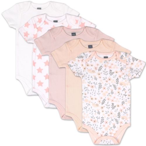 The Peanutshell Baby Girl Short Sleeve Bodysuit Set, 5 Pack, Blush Floral And Stars
