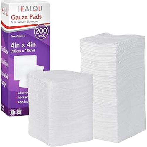 HEALQU 4x4 Gauze Pads - Bag of 200-4-Ply, Non-Woven Surgical Sponges - Super Absorbent Medical Gauze Sponges for Wound Dressing, Debridement, Cleaning, Prepping