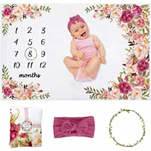 Baby Monthly Milestone Blanket Girl, Milestone Blanket for Baby Girl, Track Growth and Age, Newborn Shower Gifts for Mom, Includes Floral Wreath & Pink Bow Headband, 60" X 40"