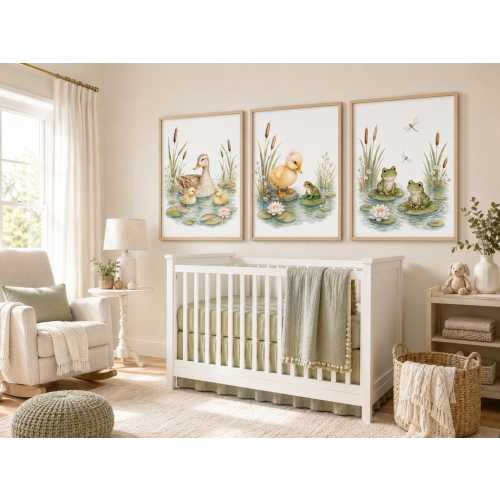 Duck Nursery Wall Art Set of 3, Pond Animals Nursery Prints, Duckling Frog