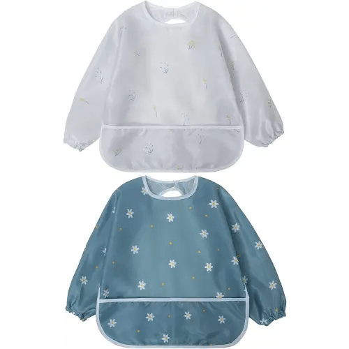Little Dimsum Mess-Proof Baby Bibs|Infant Toddler Long Sleeve Waterproof Feeding Art Smock|Catching Food & Wipe Clean| Pack of 2 Colors Flower Sets
