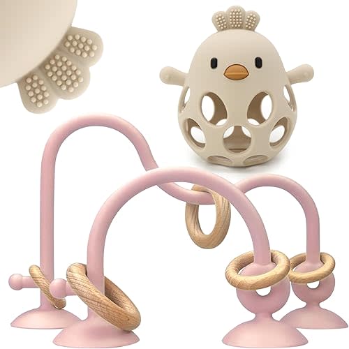 Baby High Chair Suction Toys Teething Chew - Baby Table Toys, Teething Toys Silicone Teethers, Food Grade Silicon for 6 12 18 Months (Rosepink Beige)