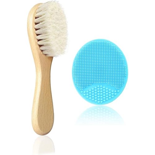 Mocokkiti Baby Hair Brush, Goat Bristles Brush and Baby Cradle Cap Brush Set for Cradle Cap Wood Bristle Brush for Newborns and Toddlers, Blue Silicone Brush for Cradle Cap (2PCS)