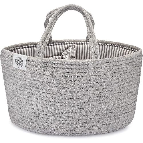 Parker Baby Rope Diaper Caddy Organizer - Nursery Storage Bin and Car Organizer for Diapers and Baby Wipes - Diaper Organizer for Baby Essentials, Baby Shower Gifts - Gray