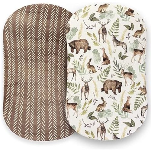 Pobibaby - 2 Pack Premium Bassinet Sheets for Standard Bassinets - Ultra-Soft Cotton Blend, Stylish Woodland Pattern, Safe and Snug for Baby (Wildlife)