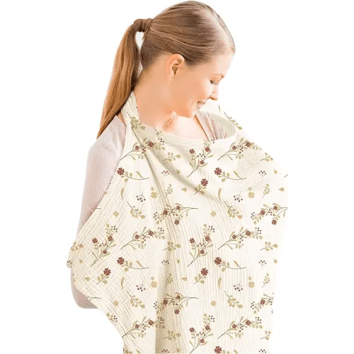 Konssy Muslin Nursing Cover for Baby Breastfeeding, Breathable 100% Cotton Breastfeeding Cover with Rigid Hoop for Mother Nursing Apron, Multi-use Carseat Canopy (Posy)