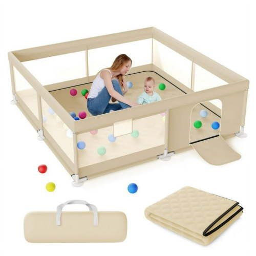 TEAYINGDE Baby Playpen Large Play Yard Fence With Mat for Toddlers, 50"x50" Khaki