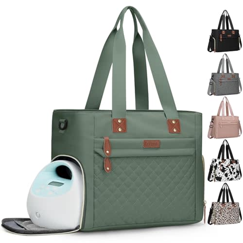 Diaper Bag Tote for Working Mom, Large Travel Diaper Tote for Mom and Dad with 14 Inch Laptop Sleeve, Mommy Maternity Travel Baby Bag for Boys and Girls, Green