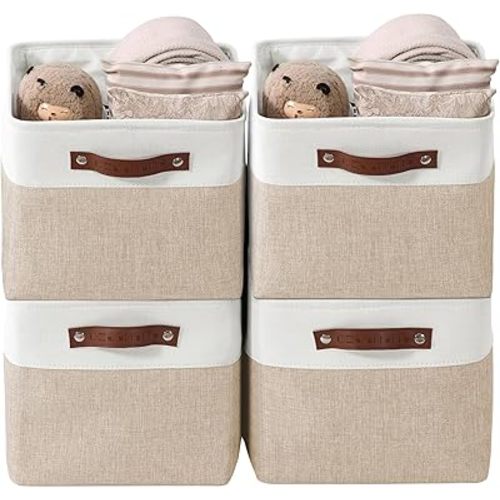 DECOMOMO Storage Bins Fabric Storage Baskets for Shelves, Linen Closet Organization Toys Nursery (Beige and White, Large - 4 Pack)