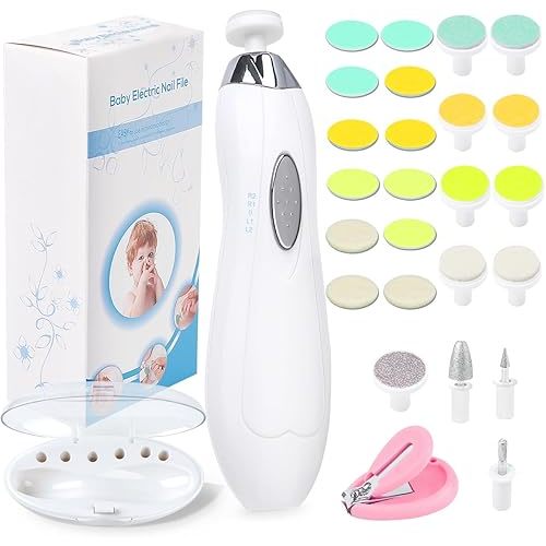 Baby Nail File Electric Nail Trimmer, Baby Nail Filer Kit with Nail Clippers, Toes Fingernails Care Trim Polish Grooming Safe for Infant Newborn Babies Toddler Kids or Women, 12 Grinding Heads