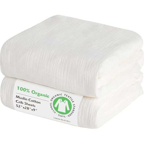 100% Organic Cotton Muslin Baby Fitted Crib Sheets 52x28 Inches 2 Pack White, Ultra Breathable and Soft Sheet Fits All Standard Crib Mattress Sheet Neutral Toddler Bedding for Baby Boys Girls