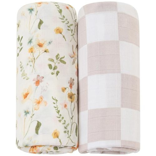 LifeTree Muslin Swaddle Blanket for Baby Girl, 2-Pack Viscose Bamboo Cotton Large Swaddle Blankets (47" x 47"), Floral & Dusty Pink Checkered - Floral & Dusty Pink Checkerboard