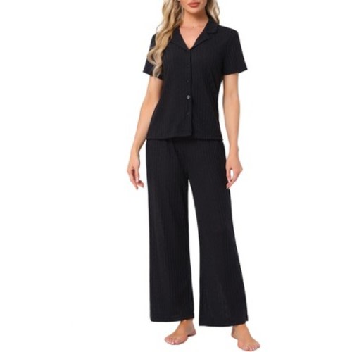 INSPIRE CHIC Women's Turndown Collar Knit Short Sleeve Top with Side Pocket Long Pant Pajamas Set Small Black