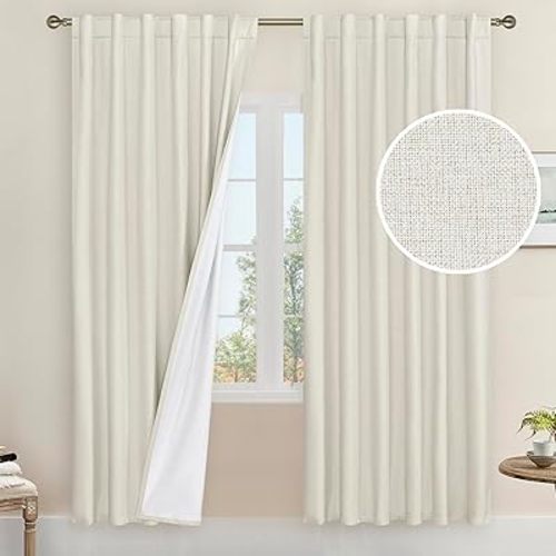 LAMIT Ivory 100% Blackout Linen Curtains, 72 Inch Linen Textured Living Room Farmhouse Curtains Room Darkening Back Tab and Rod Pocket Burlap Neutral Panels with White Liner, 2 Panels, 52 x 72 Inch