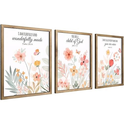 pechpell 3 Piece 15.7x11.8in Floral Nursery Wall Decor, Wooden Colorful Wild Flower Prints Picture Wall Art Framed, Christian Bible Verse Wildflower Living Room Bedroom Rustic Decorations For Home
