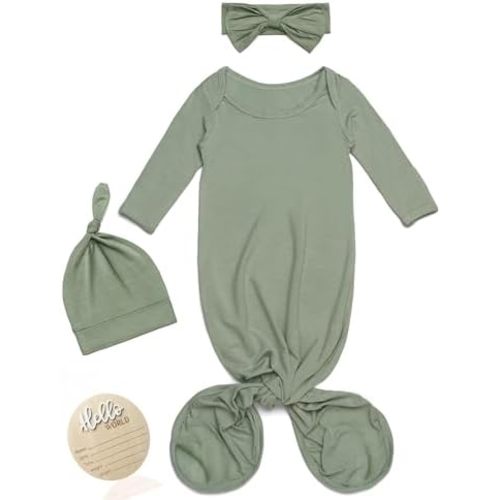 Soft Knotted Gown 0-3 Months, Modal Baby Gowns With Hello World Sign Newborn Announcement Outfit