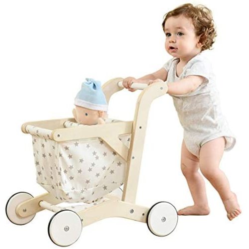 labebe Baby Push Walker Doll Stroller, Push Toy for Toddler, Shopping Cart for Girls and Boys 1 Years Old, Kids Stand Learning Walker, Wooden Play Wagon with Wheel