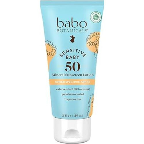 Babo Botanicals Sensitive Baby Mineral Sunscreen Lotion SPF50 - Natural Zinc Oxide - Face & Body - Fragrance-Free - Water-Resistant - EWG Verified - Vegan - Extra Sensitive Skin - For Babies & Kids