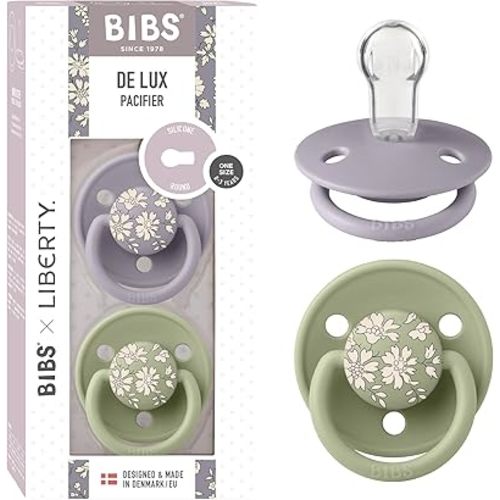 BIBS De Lux Baby Pacifier 2-Pack | BPA Free Soother | Made in Denmark | Round Nipple Silicone | OneSize 0-36 Months | Capel Sage