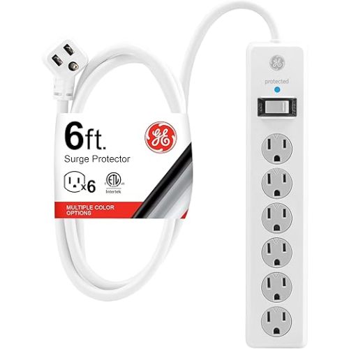 GE 6-Outlet Surge Protector, 6 Ft Extension Cord, Power Strip, 800 Joules, Flat Plug, Twist-to-Close Safety Covers, Protected Indicator Light, ETL Listed, White, 67051