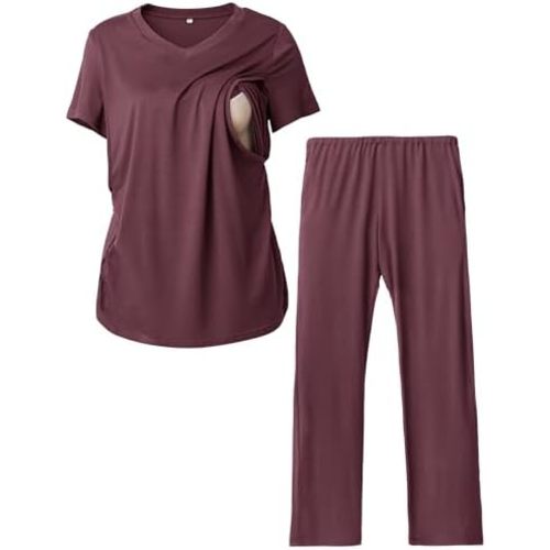 Rnxrbb V Neck Nursing Pajamas Set Postpartum Pjs Maternity Breastfeeding sleepwear for Women with Pockets 2 Pack