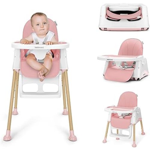 3 in 1 High Chairs for Babies and Toddlers, Convertible High Chair, High Chair with Foot Rest and Double Tray, Easy to Clean, Compact and Versatile, Perfect for Growing Kids, Pink