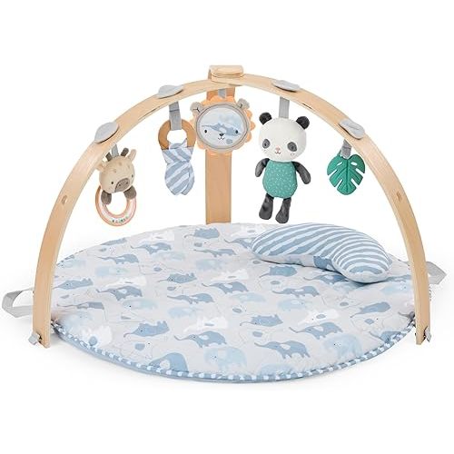 Ingenuity Cozy Spot Reversible Duvet Baby Play Gym & Play Mat with Wooden Toy bar - Elephant March (Neutral Safari), Newborn and up