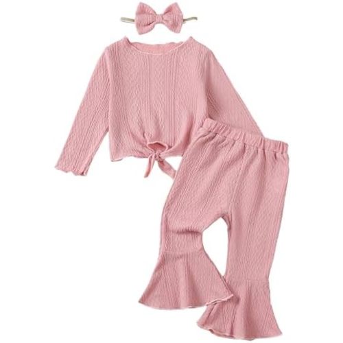 Kucnuzki Baby Girl Clothes Toddler Clothes Long Sleeve Plain Shirts Top Bell Bottoms Flare Pants Infant Girl Fall Outfit