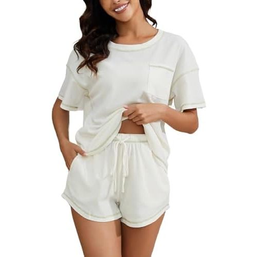 KCW Pajamas for Women Set 2 Piece Cotton Lounge Sets Short Sleeve Top and Shorts Pj Set Sleepwear Outfits