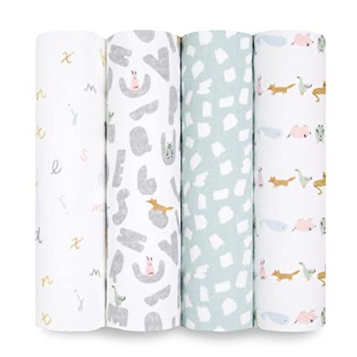 aden + anais Essentials Cotton Muslin Swaddle, Breathable Baby Blanket, Ideal for Boys, Girls, Newborns, Babies & Infants, Receiving Blanket, Soft and Lightweight Wrap, 4 Pack, Alphabet Animals