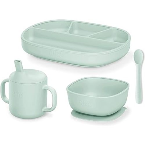 NUK Silicone Baby Tableware Bundle, Includes 1 Plate, 1 Bowl, 1 Cup, & 1 Spoon, Durable Suction Feature Helps Reduce Spills, Microwave-Safe, BPA-Free