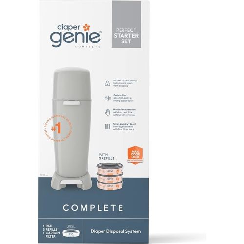 Diaper Genie Complete Diaper Pail (Grey) with Odor Control | Includes 1 Diaper Trash Can, 3 Refill Bags, 1 Carbon Filter, 4 Piece Set