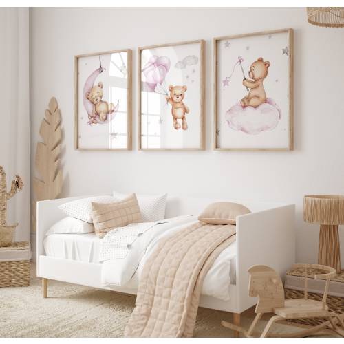Girl Teddy Bear Prints Set of 3, Bear Nursery Decor, Baby Girl Prints, New Baby Print, Pink Nursery Decor, Balloon Nursery Decor, Girl Decor