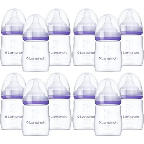 Lansinoh Anti-Colic Baby Bottles, BPA-Free Plastic, 5 Ounces, Slow Flow Nipples (Size S), Breastfeeding Bottle with NaturalWave Design, Baby Essentials (Pack of 12)