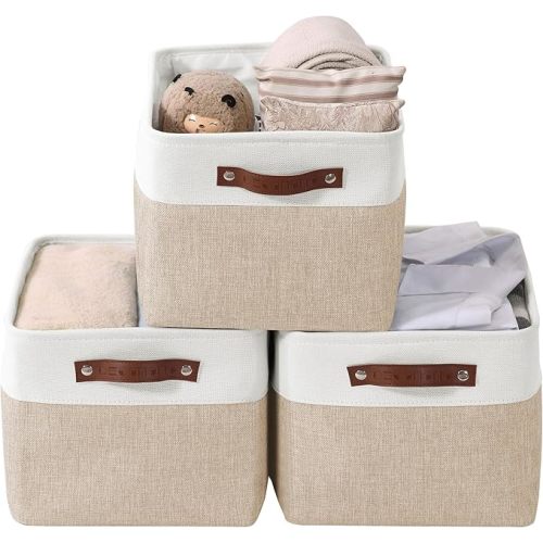 DECOMOMO Storage Bins | Fabric Storage Baskets for Shelves for Organizing Closet Shelf Nursery Toy | Decorative Large Linen Closet Organizer Bins with Handles (Beige and White, Large - 3 Pack)