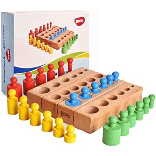 BOHS Montessori Knobbed Cylinders Blocks - 6 Pegs / 6.7 Inches - Colorful Wooden Early Home School Toys - 4pcs Set