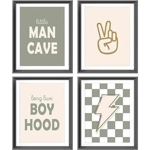 Little Man Cave Retro Preppy Checkered Lightning Peace Sign Long Live Boyhood Poster Prints for Boy Teen Room Dorm Decor,Preppy Decorations Prints Wall Art Unframed 4pcs 8x10inches,Teen Boys Gifts