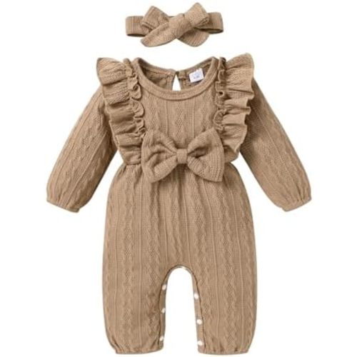 Happy Town Baby Girl Romper Infant Fall Winter Clothes Ruffle Sweater Long Sleeve Bodysuit Jumpsuit and Headband