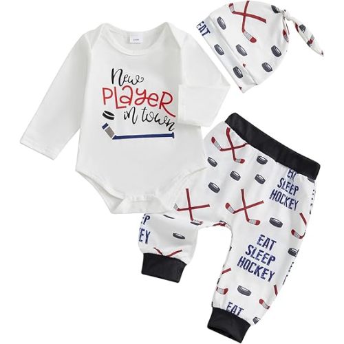 Baby Boy Hockey Outfit New Player in Town Long Sleeve Romper Long Pants Hat Set 3Pcs Newborn Fall Winter Clothes