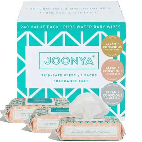 JOONYA Unscented Baby Wipes — Plant-Based, Fragrance-Free Diaper Wipes | Hypoallergenic, Non-Toxic, Compostable & Biodegradable Wet Wipes for Sensitive Newborn Skin | 3 Packs of 80 Wipes (240 Total)
