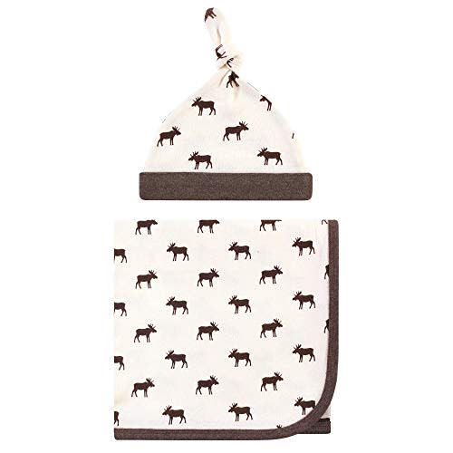 Touched by Nature Unisex Baby Organic Cotton Swaddle Blanket and Headband or Cap, Moose, One Size